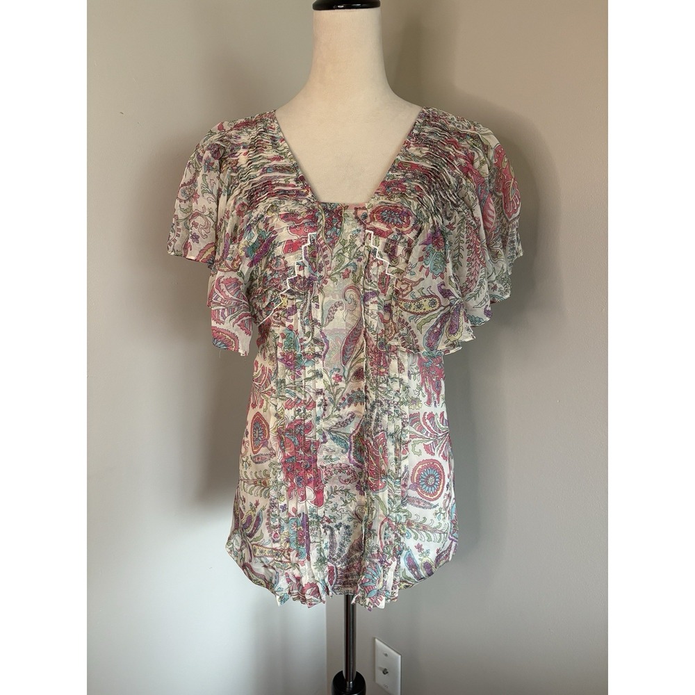 Anthropologie Blue Tassel Top Paisley Floral Chiffon Flutter Sleeve Lined Small